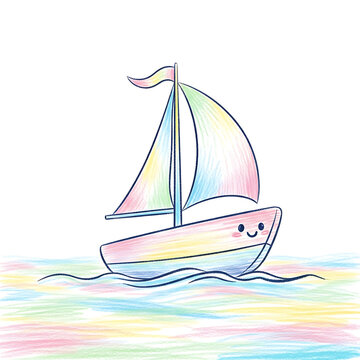 Cute cartoon sailboat floating on colorful water with a happy face.