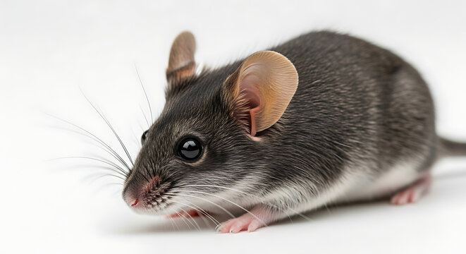 Close up studio shot of a gray and white mouse with long whiskers on a white background surface
