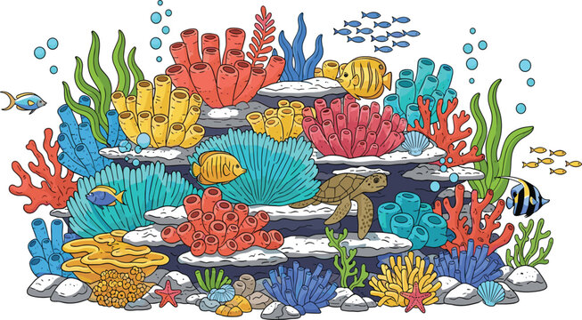 Colorful Coral Reef Vector Illustration with Rich Marine Life, Fish, Sea Plants, and Underwater Ecosystem for Ocean, Nature, and Aquatic Design Projects.