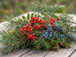 Fototapeta premium Christmas natural arrangement with pine branches red rowan and blue juniper berries on wood