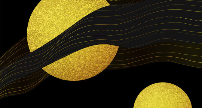 Elegant dark background featuring abstract golden wavy lines and glittering grunge grainy circles, perfect for premium luxury design, banners, or modern wallpapers. Art deco vector design