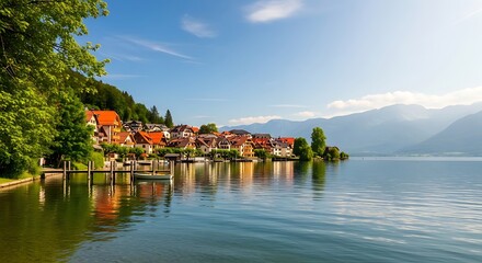 Fototapeta premium A small town on the edge of a lake with trees and houses