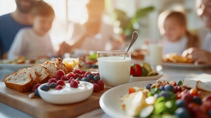 Naklejka premium a family kitchen breakfast. Parents and children are sharing a meal featuring organic milk in a clear glass, homemade yogurt with berries, and cheese on whole-grain bread