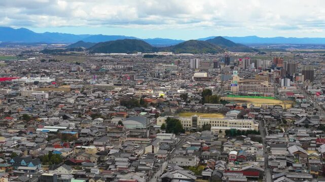 Shiga Japan, Aerial View of Omihachiman, Small City along Biwako 4k