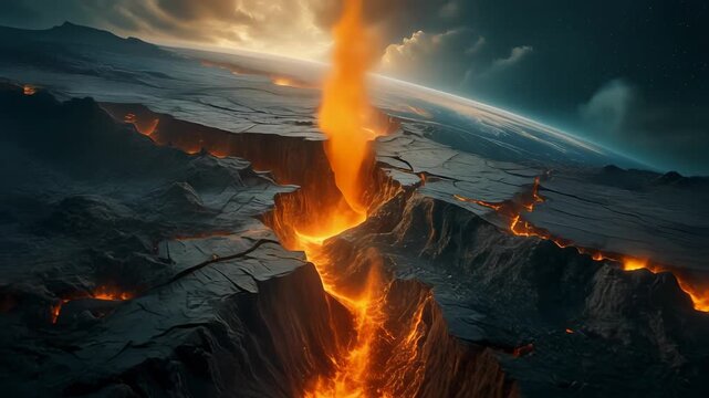 Dramatic Earth Crack with Glowing Lava and Distant Planet View.