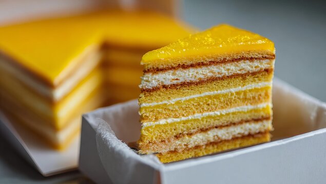 Delicious Mango Layer Cake Slice with Cream Filling.