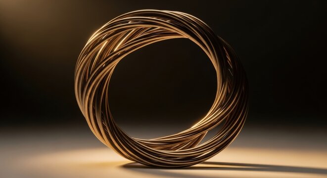 Golden Wire Torus Sculpture Circular Shape Lit by Soft Light, Decorative Object with Abstract Art Form