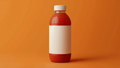 Obraz premium A plastic bottle of red liquid with a white label and cap on an orange background