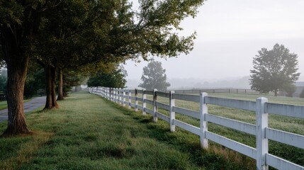 Fototapeta premium Serene rural landscape featuring a white wooden fence lined with trees and lush green grass under a soft morning mist in a tranquil countryside setting