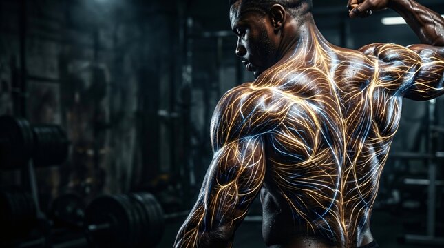Muscular man lifting dumbbell with glowing muscle fiber anatomy. Fitness training and bodybuilding concept. Visualization of athlete power and sports biology in human body. Science graphic.