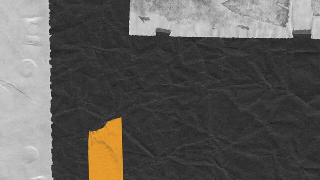 Abstract background of torn paper elements in grayscale with yellow accent for creative designs