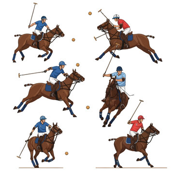 Set of six vector illustrations of professional polo players on horseback in various action poses, swinging mallets and galloping on brown ponies against a white background.