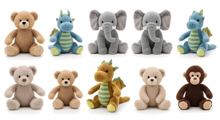 Fototapeta premium Collection of plush soft toys featuring bears elephants and dragons neatly arranged in rows isolated on a white background.
