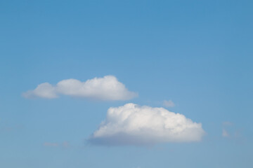 Obraz premium Two fluffy white cumulus clouds floating in a clear blue summer sky