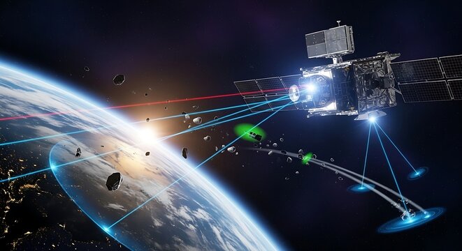 The primary subject is a sophisticated multi-functional satellite engaged in orbital operations, specifically space debris tracking and laser-based communication.