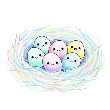 Adorable cartoon eggs with smiling faces nestled in a colorful nest, illustration.