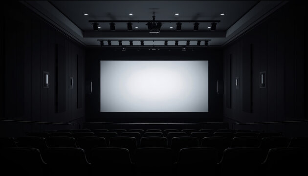 A dimly lit movie theater with a large blank screen and empty seats