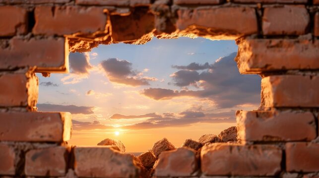 Beautiful Sunset View Through a Cracked Brick Wall with Vibrant Clouds and Soft Sunlight Illuminating the Sky