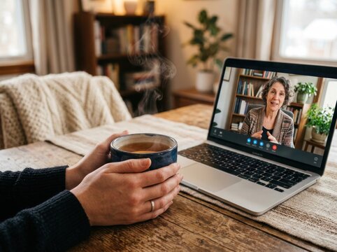 Online Therapy Session at Home with Laptop and Tea. Cozy Mental Health Moment