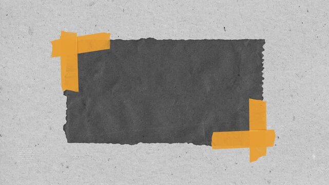 Artistic collage aesthetic featuring textured paper background with gray rectangle and orange tape accents