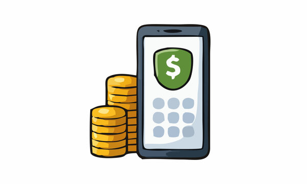 line art color of mobile banking or digital payments cartoon illustration