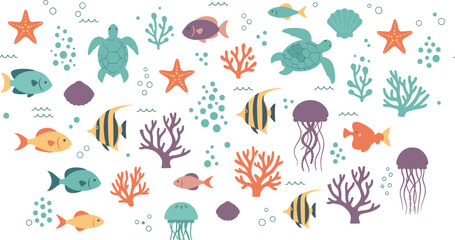 Naklejka premium Underwater Sea Life Vector Illustration Set with Fish, Coral, Jellyfish, Turtle, and Starfish Elements for Ocean, Marine, and Aquatic Design Projects.