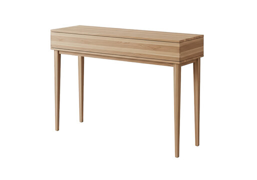 Minimalist rectangular console table made of light wood with four tapered legs and drawer storage