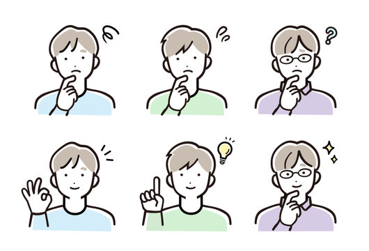明るいパステルカラーの男性人物イラスト 表情ポーズ6点セット（疑問・解決）