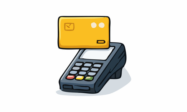 line art color of credit card being used with a point-of-sale (POS) terminal cartoon illustration