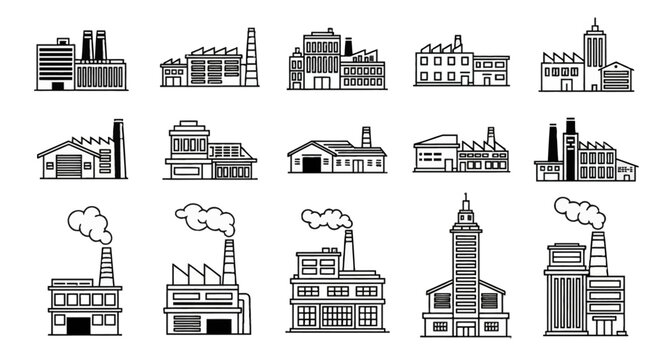 Set of fifteen black and white line art icons depicting various industrial factory buildings, warehouses, manufacturing plants, and power stations with smoke stacks and silos.