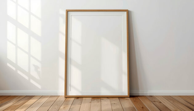 A large blank picture frame stands against a white wall in a room with wooden flooring and natural light.