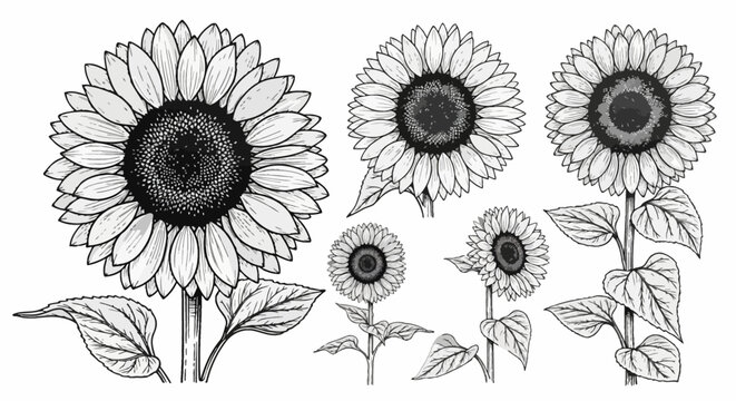 Set of black and white sunflower botanical illustrations featuring detailed line art of flower heads, stems, and leaves in a vintage engraving style isolated on a white background.
