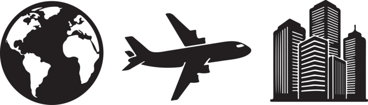 Comprehensive set of black airplane silhouettes and commercial aircraft icons in various flight angles and perspectives for aviation design