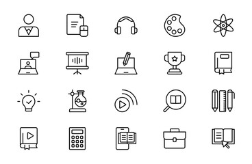 Fototapeta premium EdTech and Online Education Line Icon Set for E-Learning, Virtual Classroom, Students, Teachers, Certification, Video Tutorials and Digital Learning Outline Vector Collection