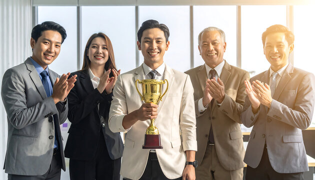 Successful business team celebrates achievement holding trophy and applause
