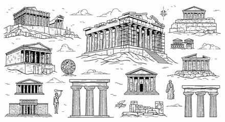 Naklejka premium Collection of black and white engraved line art illustrations of ancient Greek architecture including the Parthenon, classical temples, Doric columns, Caryatid porch, and historic ruins.