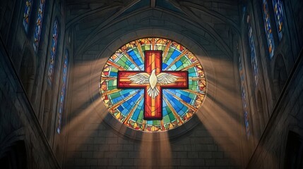 Obraz premium Stained Glass Window Featuring Dove Design in Vibrant Colors Illuminated by Natural Light