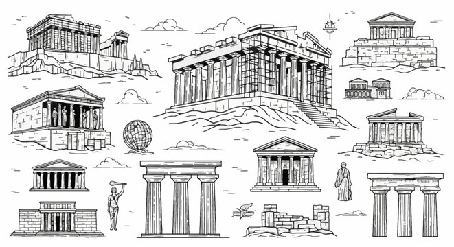 Collection of black and white engraved line art illustrations of ancient Greek architecture including the Parthenon, classical temples, Doric columns, Caryatid porch, and historic ruins.