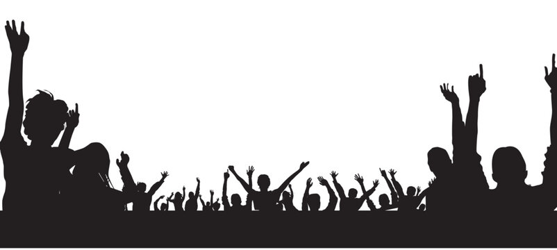 Vector illustration of a cheering crowd dancing at a music festival party inside a decorative frame of green grass for a celebration flyer design
