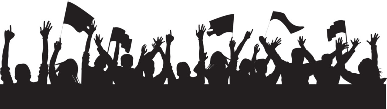 Black silhouette vector illustration of a dancing crowd and music fans gathered by a patch of grass during a sunset party disco