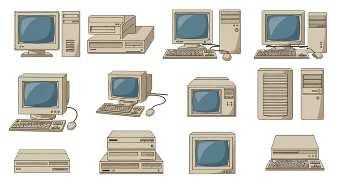 Collection of vintage computer hardware illustrations including CRT monitors, desktop towers, CPU cases, keyboards, and wired mice in a cartoon vector style isolated on white background.