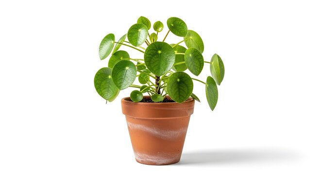 Potted Chinese Money Plant (Pilea Peperomioides) with Round Green Leaves on White Background