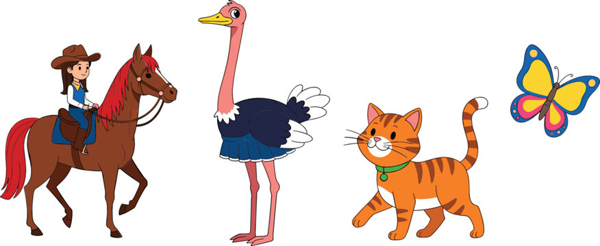 Cartoon animal collection with cowgirl riding horse ostrich cat and colorful butterfly vector illustration for kids wildlife design