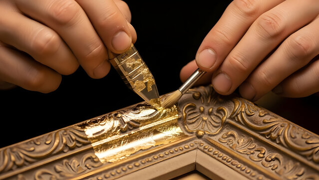 Craftsman applying gold leaf to an ornate antique wooden picture frame.