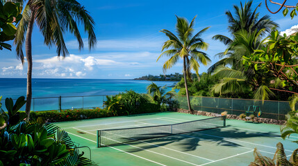 Fototapeta premium Tennis court on a tropical beach with palm trees and ocean view