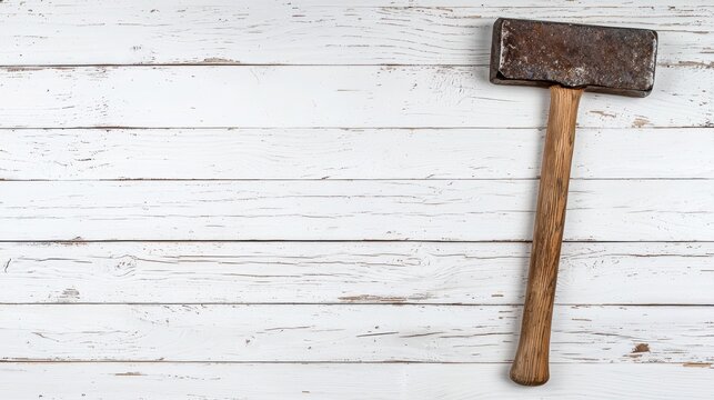 A rusty metal mallet with a wooden handle.