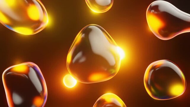 Abstract Liquid Bubbles Flowing with Vibrant Orange and Yellow Light Reflections.