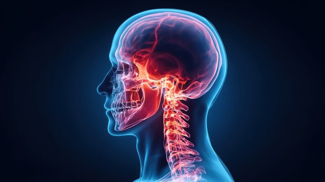 Anatomical illustration of the human head, skull, and cervical spine in profile