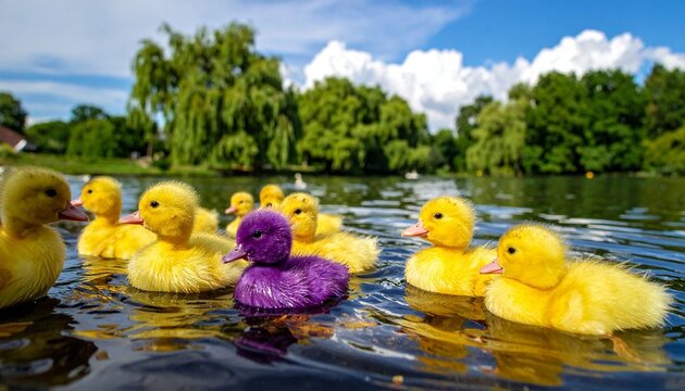 A group of yellow ducks with one purple duck, symbolizing uniqueness, individuality, and contrast in playful composition.