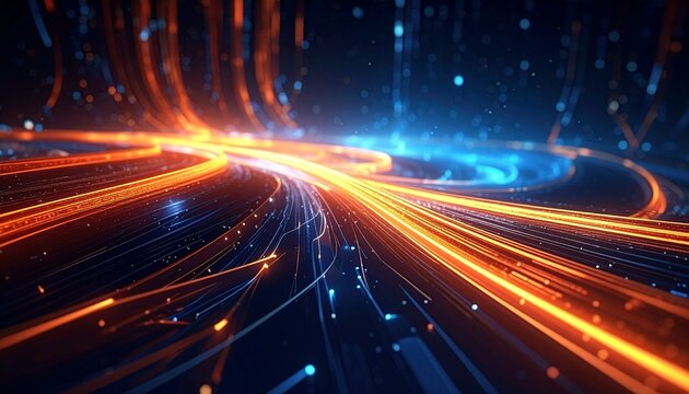 Abstract glowing circuit lines in orange and blue, symbolizing data streams, connectivity, and advanced digital communication.